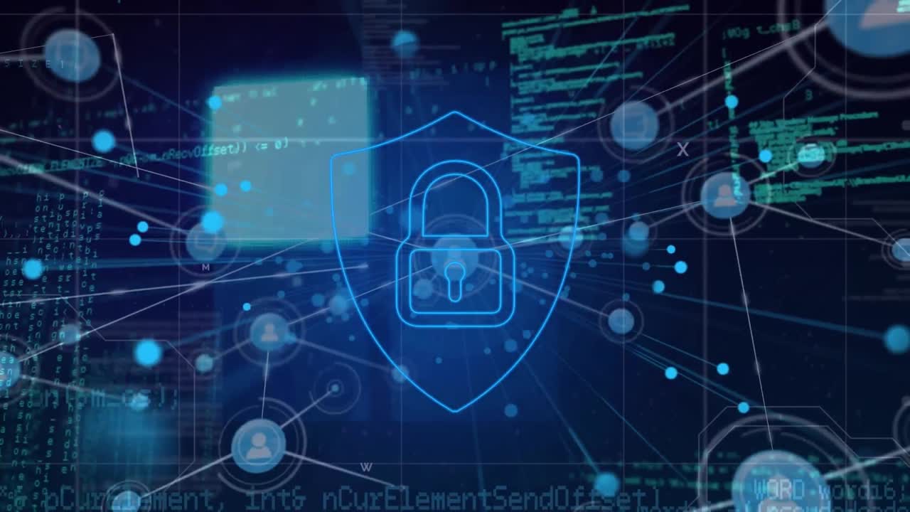 Animation of data processing with network of connections and padlock icon on black background