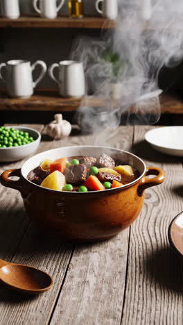 hearty beef stew with vegetables steaming on a rustic wooden table
