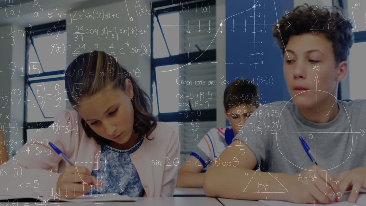Animation of math formulas moving over class of diverse pupils during lessons