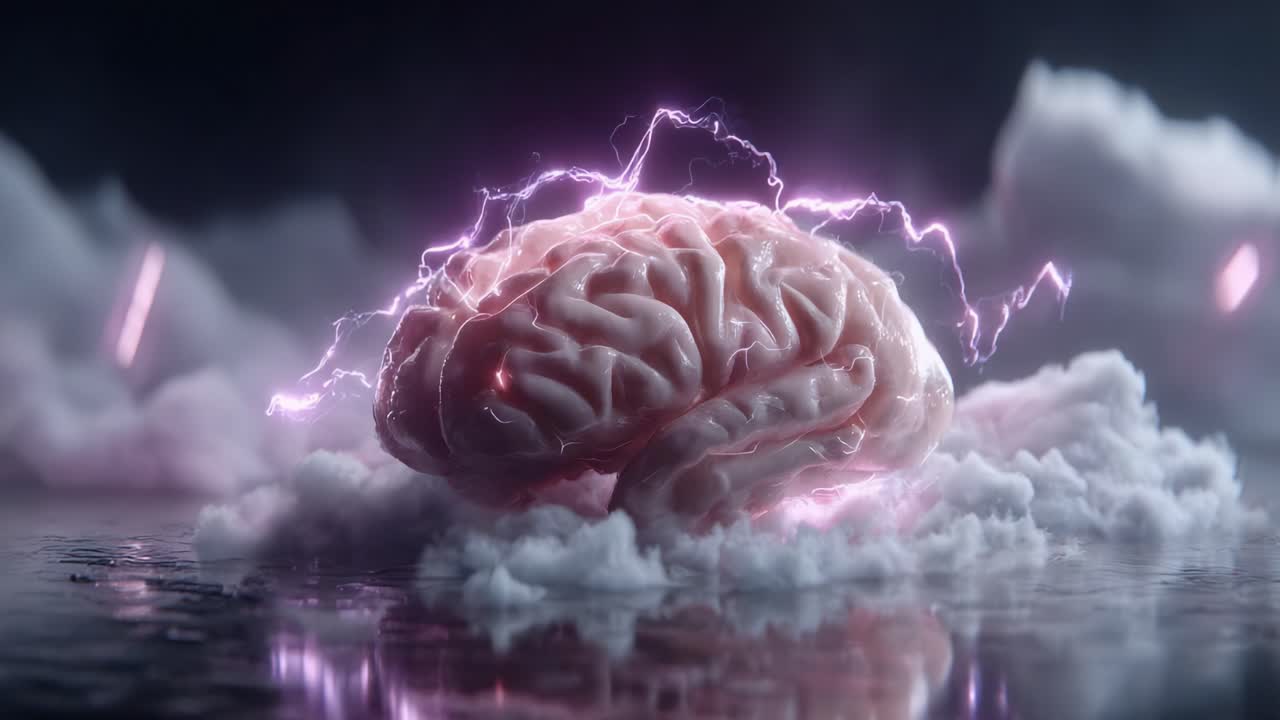 A stunning representation of a brain pulsating with electrical energy, surrounded by clouds, showcasing the fusion of intellect and power in a visually captivating manner