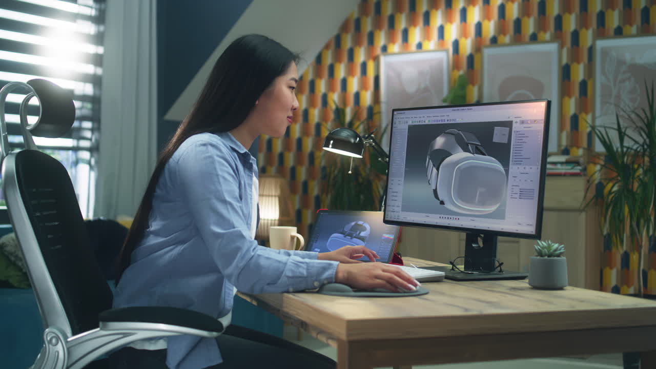 Woman Working on VR Headset Design in Home Office