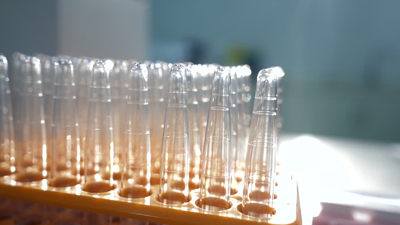 Medical test tubes with blood tests on the table in the laboratory