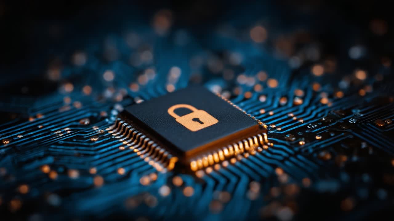 Exploring Digital Security: A Close-up View of a Circuit Board Featuring a Lock Symbol on a Microchip, Symbolizing Protection and Privacy in Technology
