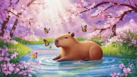 capybara in a cherry blossom stream with butterflies