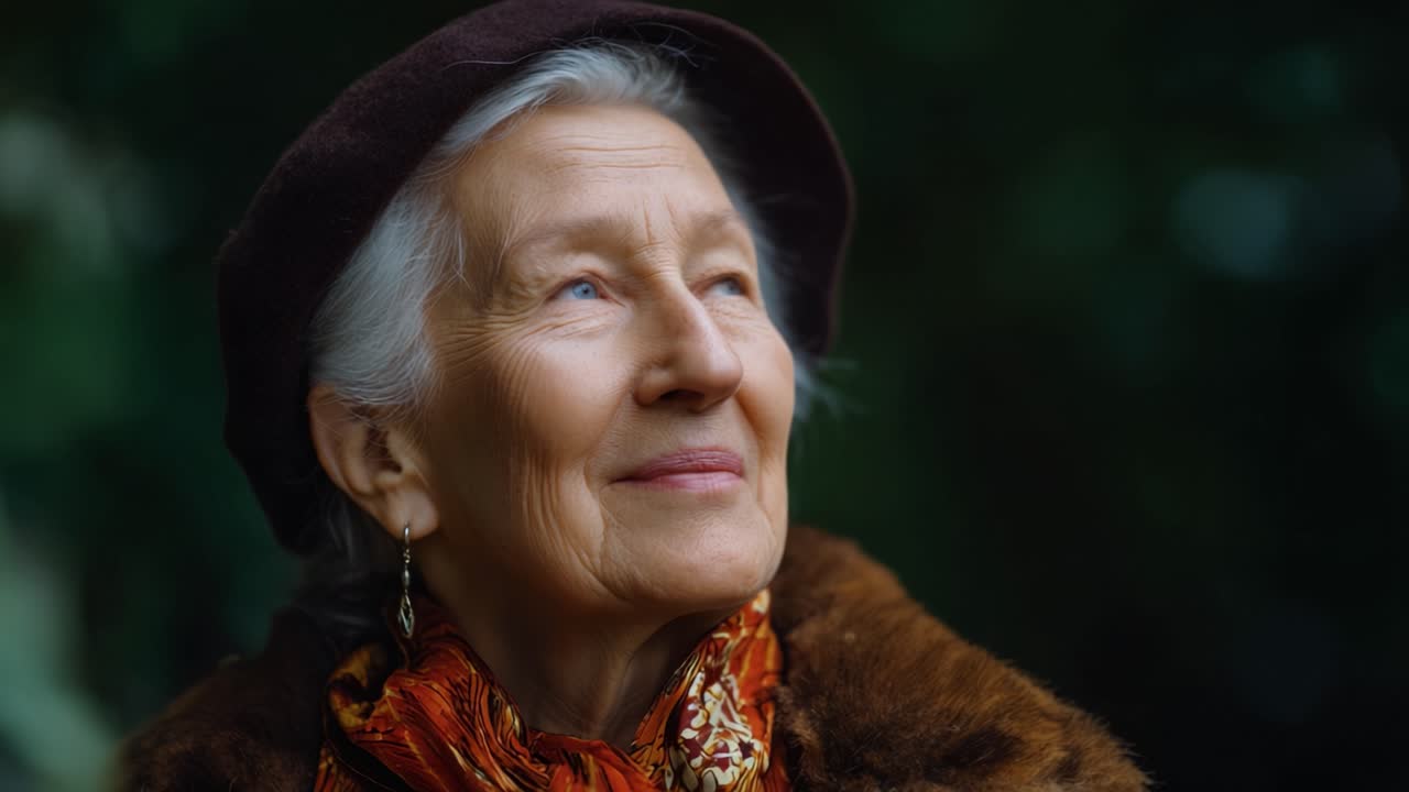 Una donna anziana guarda pensierosa in lontananza, la sua espressione riflette saggezza e serenità, adornata con accessori eleganti e bellezza naturale.