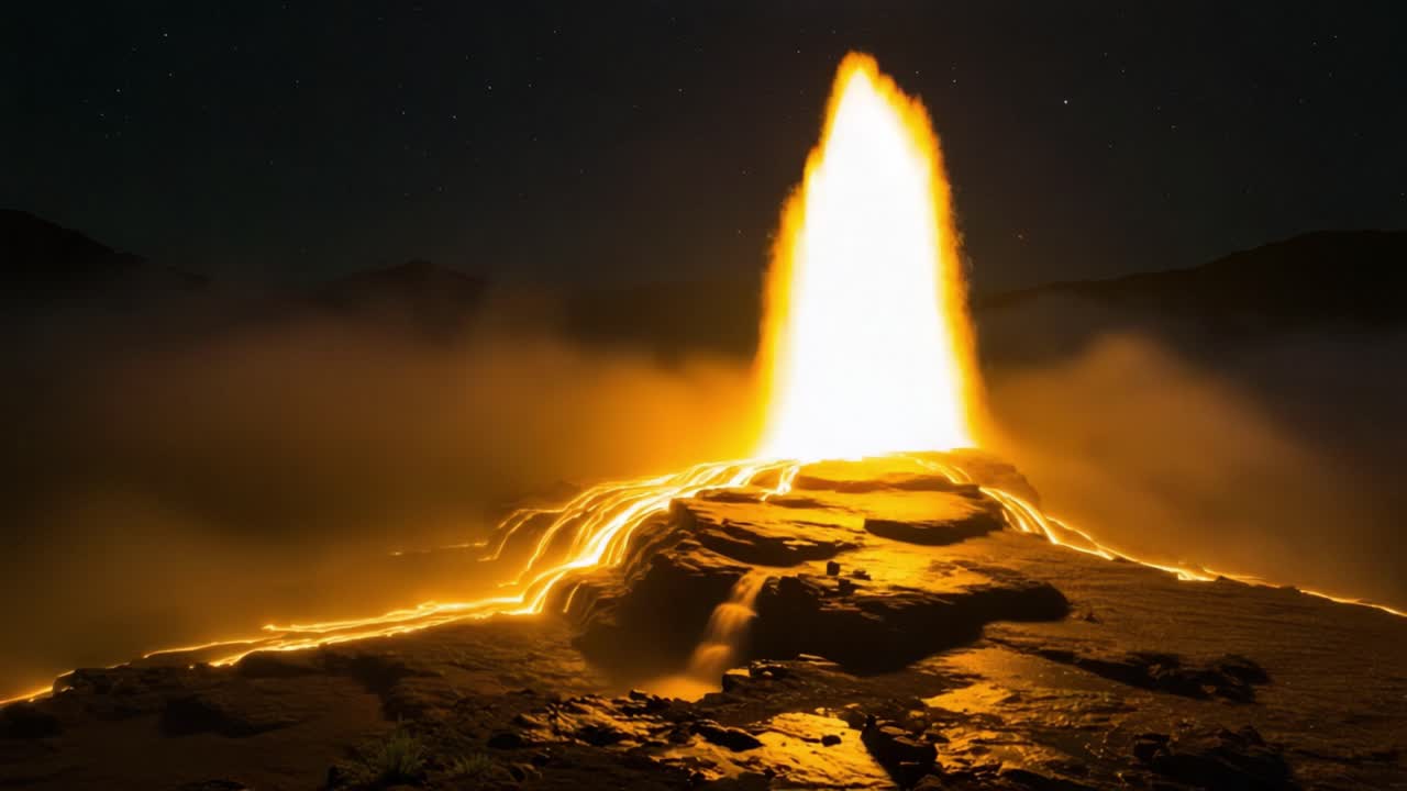Captivating Lava Flow Illuminates the Night Landscape, Creating a Stunning Contrast Against the Starry Sky and Dense Fog, Showcasing Nature's Fiery Majesty