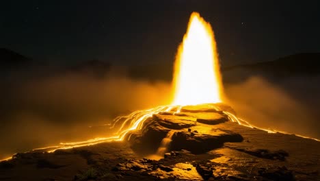 captivating lava flow illuminates the night landscape, creating a stunning contrast against the starry sky and dense fog, showcasing nature's fiery majesty