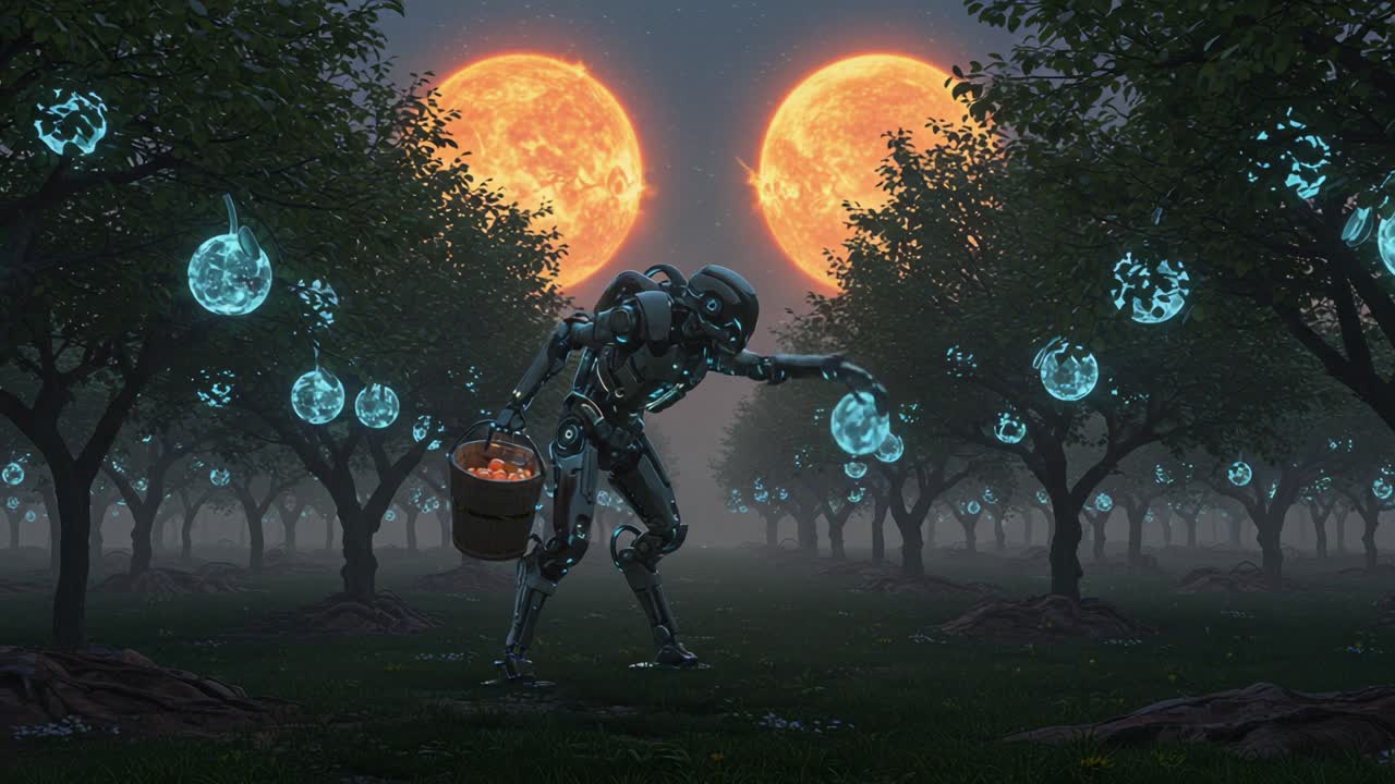 A robotic figure harvesting luminous spheres in a surreal orchard under twin suns, embodying a blend of technology and nature in a captivating futuristic landscape