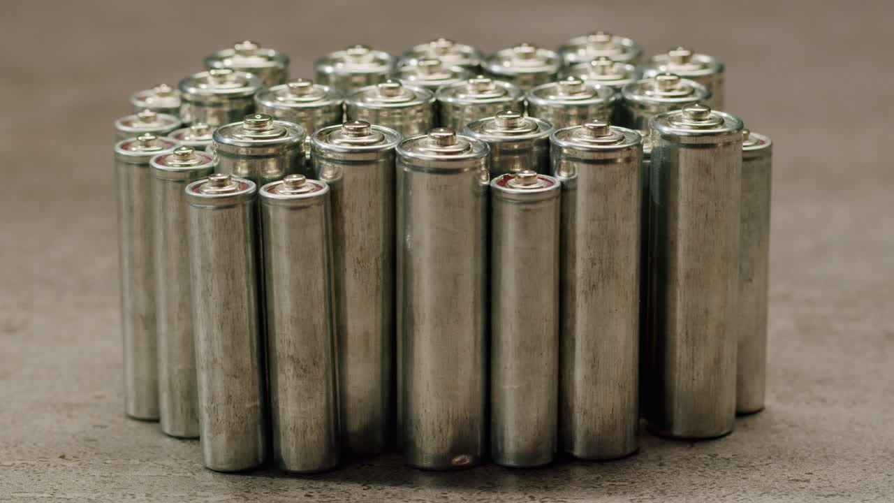 Silver batteries AA and AAA on black background close-up. Double-A battery is a standard size single cell cylindrical dry battery. Batteries are common in portable electronic devices. An AA battery is composed of a single electrochemical cell that may be either a primary battery or a rechargeable ba