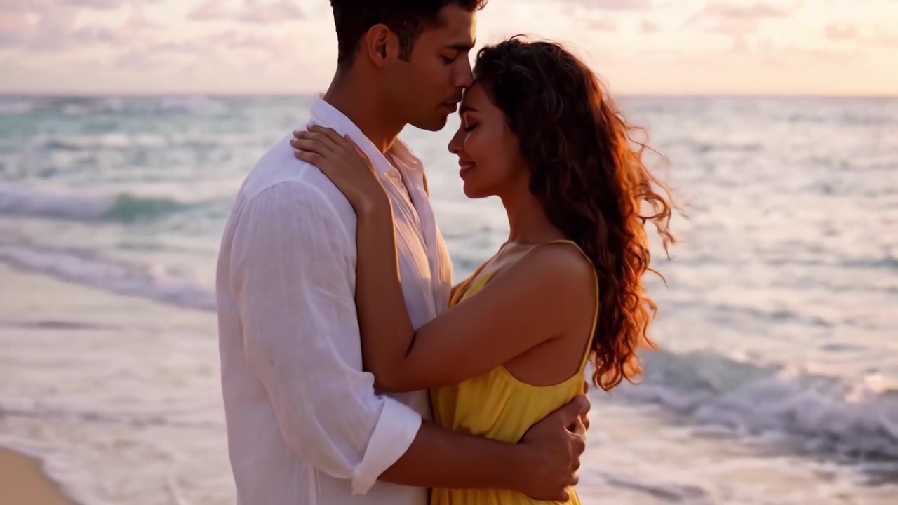 A Romantic Beach Encounter at Sunset: Two Individuals Share an Intimate Moment as Gentle Waves Wash Ashore, Capturing the Essence of Love and Connection Against a Breathtaking Backdrop