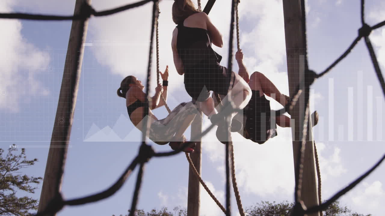 Climbing ropes outdoors, people with data processing animation overlay in background
