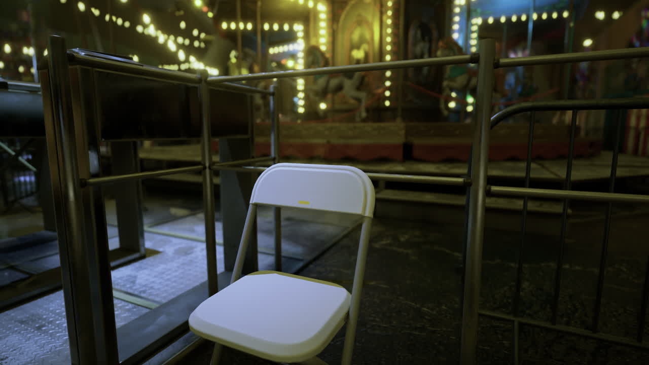 Empty chair in a dimly lit space with festive lights during an evening event