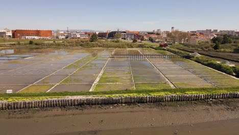 4K-aerial-view-of-the-saline’s-of-Aveiro-with-the-Aveiro-city-in-the-background,-60fps