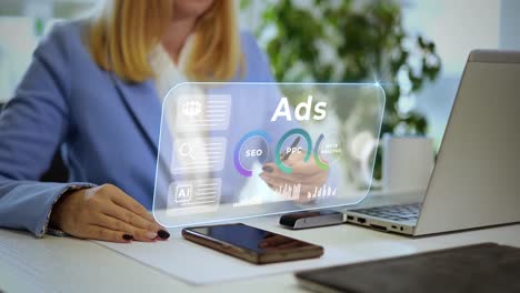bussineswoman analyzing ads data and seo metrics, digital marketing concept