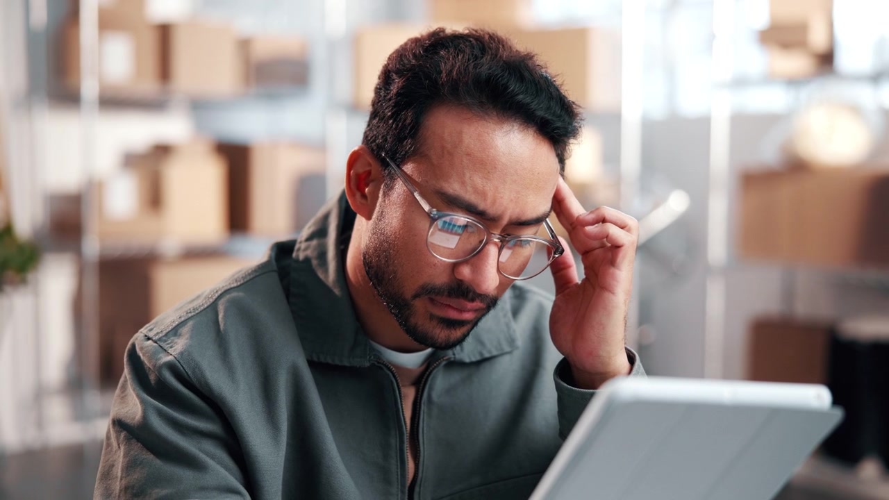 Stressed Warehouse Worker Looking at Tablet