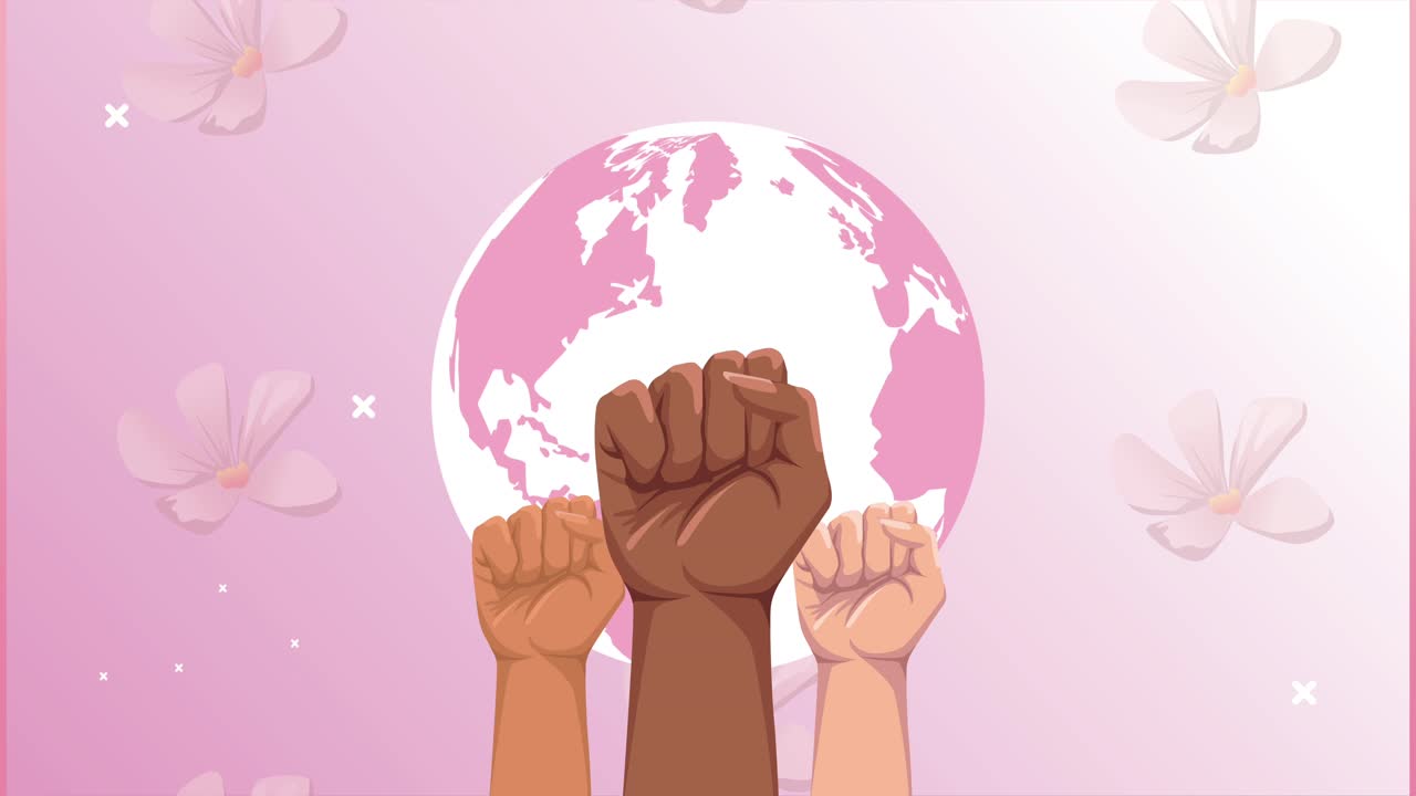 animación de cáncer de mama con manos interraciales hacia arriba y el planeta tierra