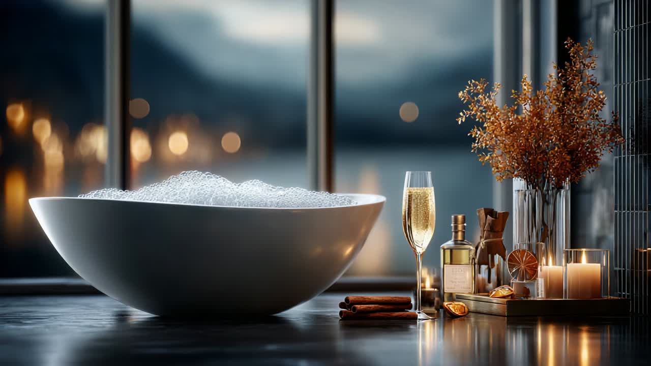 Elegant Bathing Experience: A Tranquil Scene Featuring a Luxurious Bubble Bath Surrounded by Gourmet Delights and Soft Candlelight, Perfect for Relaxation and Self-Care Moments by the Window