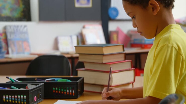 vista lateral de un escolar afroamericano estudiando en el escritorio en el aula de la escuela 4k