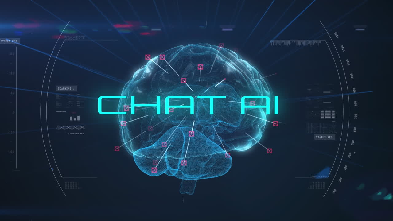 animación de texto de chat de inteligencia artificial y procesamiento de datos sobre el cerebro humano