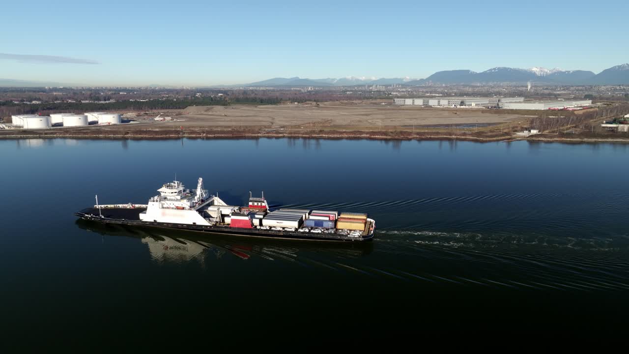 Seaspan Commercial Ferry Transporting Between Vancouver Island And Lower Mainland In BC Canada. Aerial Shot