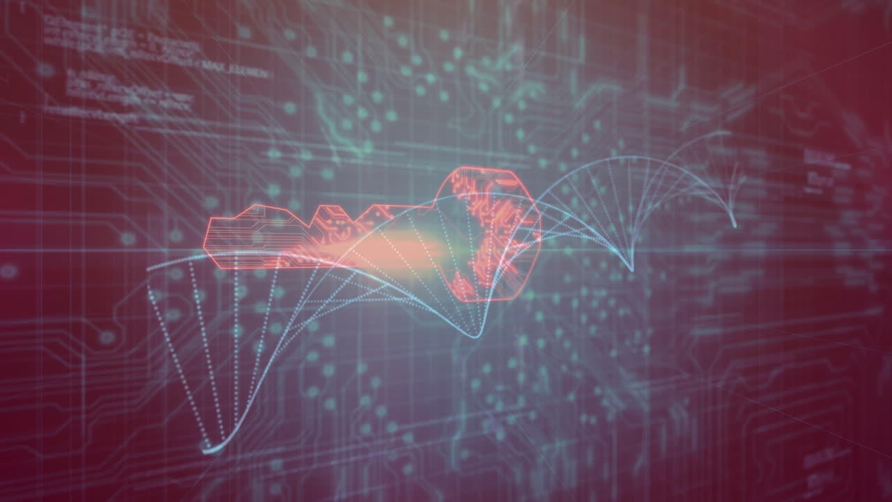 Animation of dna strand and network of connections over key and data processing