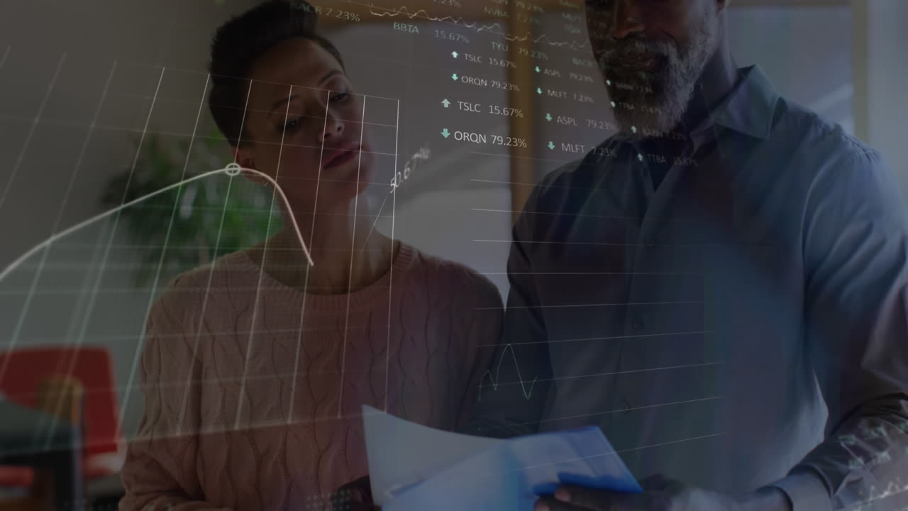Animation of financial data processing over african american man and woman discussing over documents