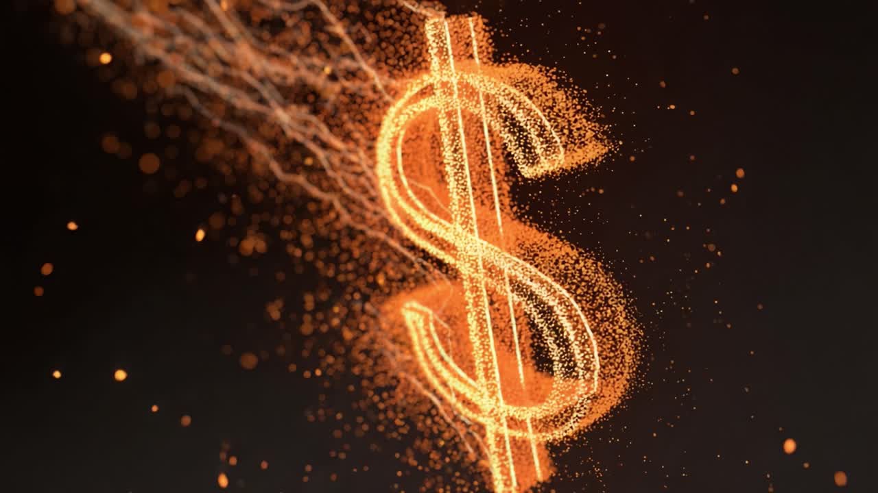 Dynamic Transformation of Currency Symbol in Motion Captured in Two Frames, Focusing on the Glittering Dollar Sign's Stunning Visual Representation and Evocative Energy