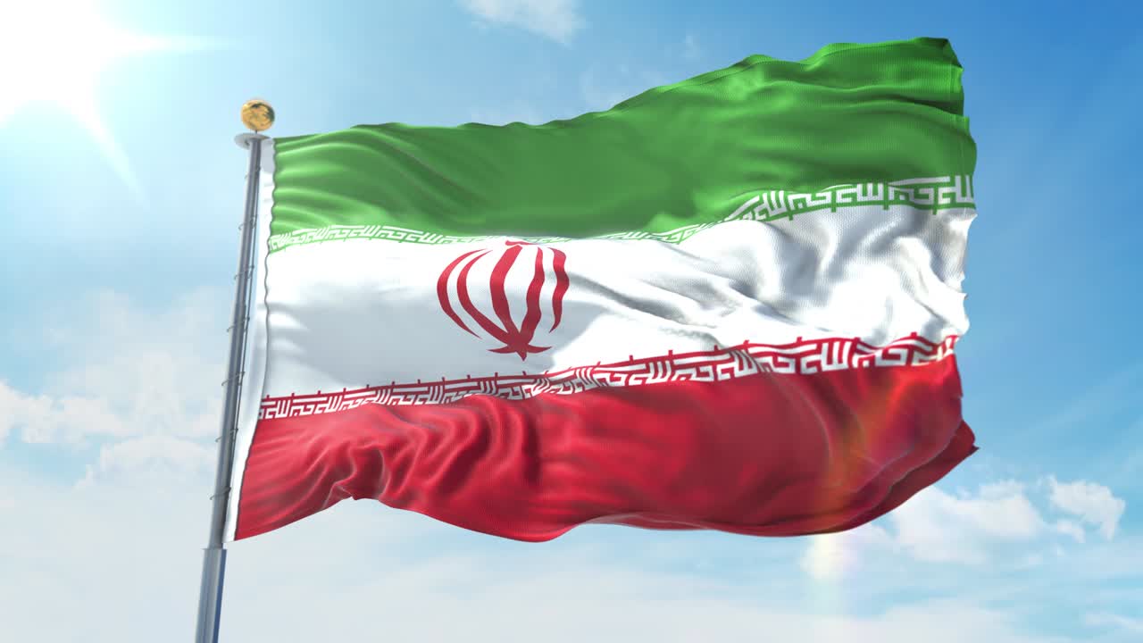 깊은 파란 하늘을 배경으로 바람에 흔들리는 이란 발, 국가 테마, 국제 개념, 3d 렌더링, 시엄리스 루프, 4k