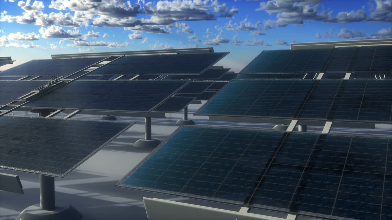 Pannelli solari, sfondo cielo blu. Concetto di energia alternativa. Loop continuo 4K