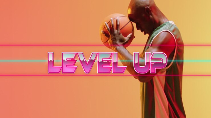 Animazione del testo 'level up' su un giocatore di basket su sfondo al neon