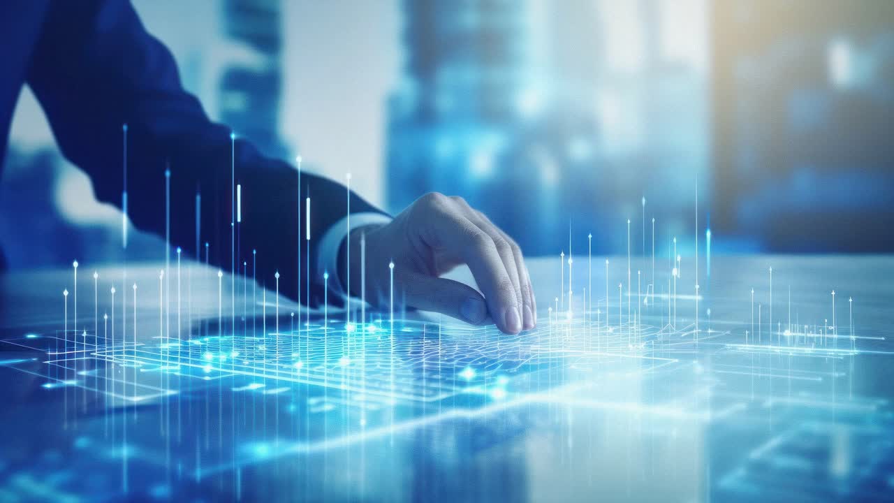 Futuristic video concept with a low-angle view of a hand interacting with a digital interface