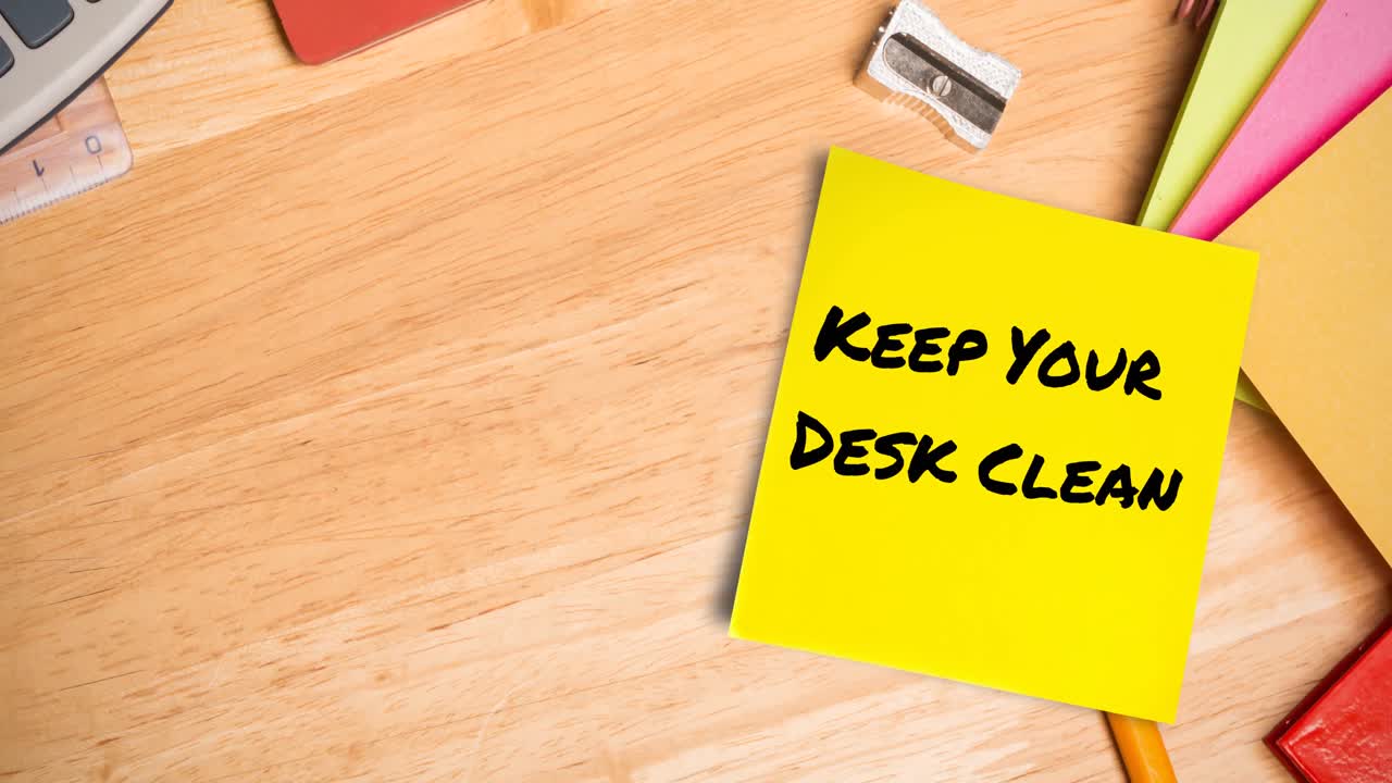 Animation of keep your desk clean text on memo note on desk
