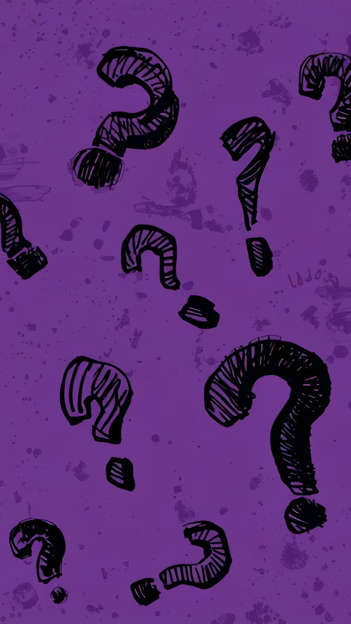 Vertical video: Panning frames showing portrait purple grunge sketch black question marks, ink dots