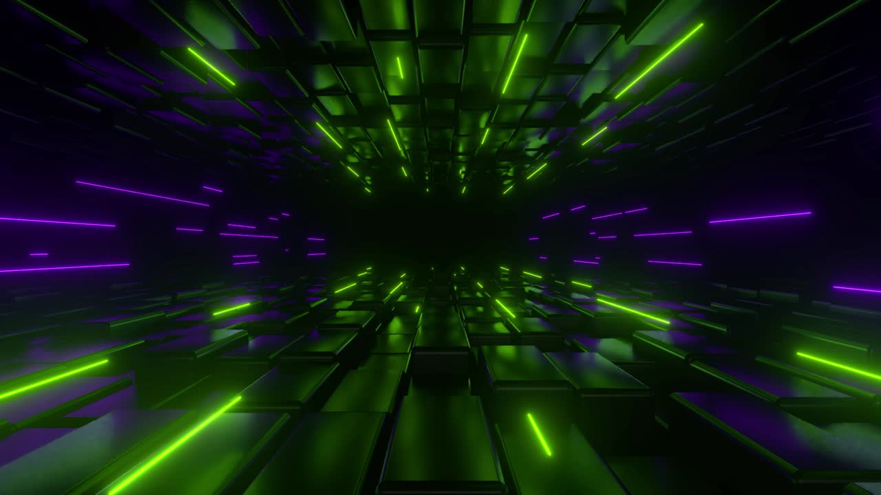muoversi indietro lungo un tunnel buio illuminato da luci viola verde neon. spazio digitale. elemento di decorazione del cyberspace. sfondo di movimento a loop vj. animazione 4k - rendering 3d