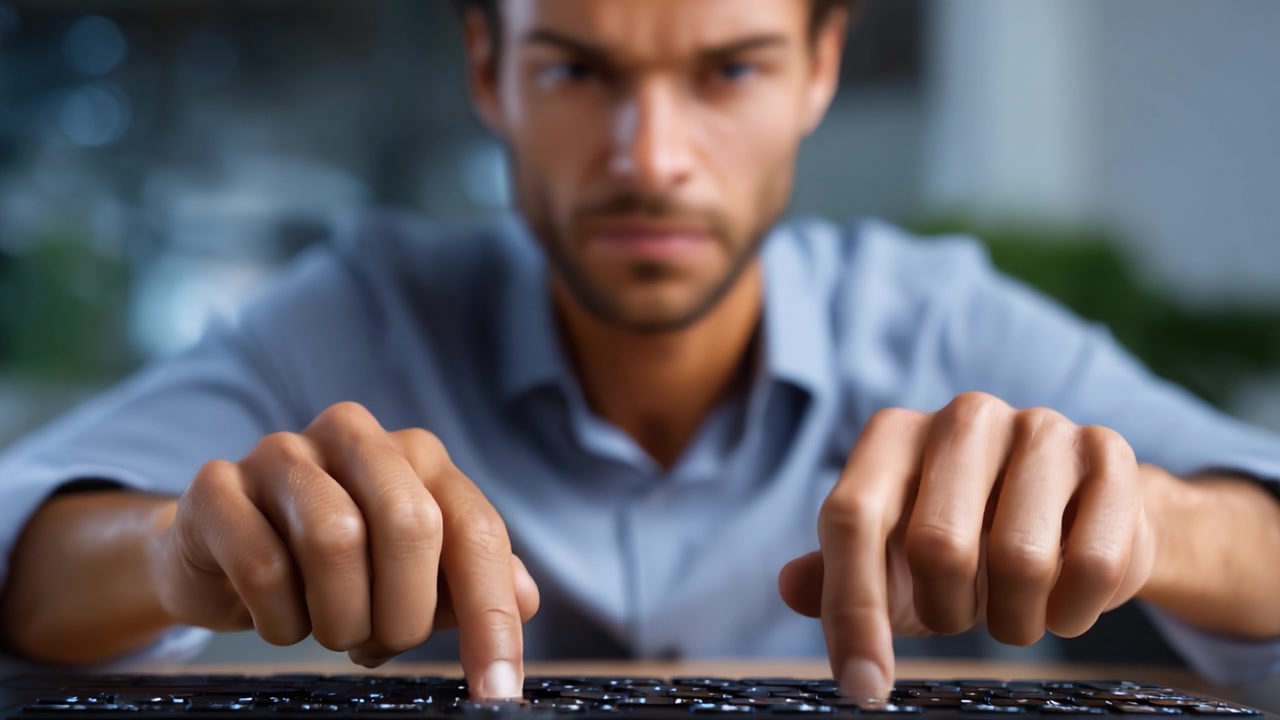 Focused Man Typing on Keyboard with Intensity, Engaged in Work or Creative Task in Modern Office Environment, Showcasing Concentration and Commitment