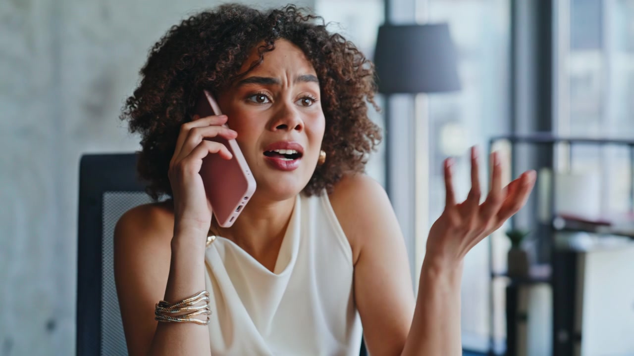 Upset woman arguing phone call office. Close up frustrated businesswoman