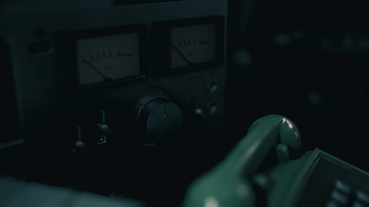 Close up view of vintage audio equipment with dials and meters in low light