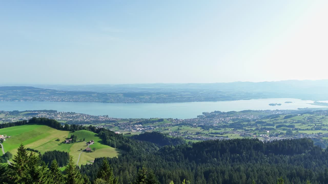 Zürichsee and wildspitz, oberägeri, switzerland on a clear sunny day, aerial view