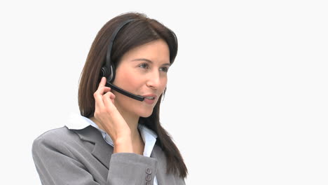 happy businesswoman talking on a headset