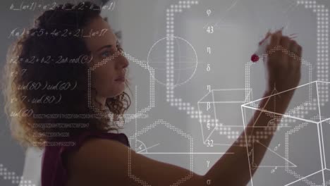 Animation of maths calculations and geometry over biracial female teacher writing on board