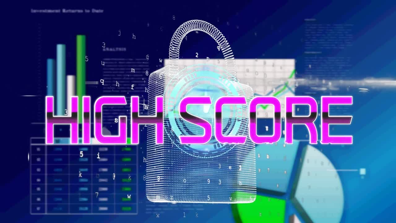 Animation of high score text over data processing and padlock icon
