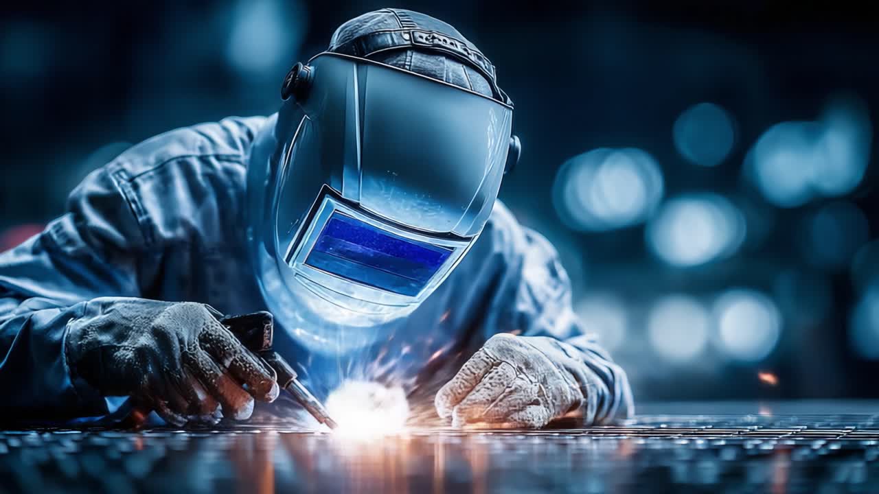 A Skilled Welder is Engaged in a Dazzling Display of Precision Welding, Creating Sparks and Light as Metal is Joined Together in a Workshop Environment