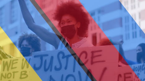 Animation of flag of ukraine and russia over diverse protesters in face masks
