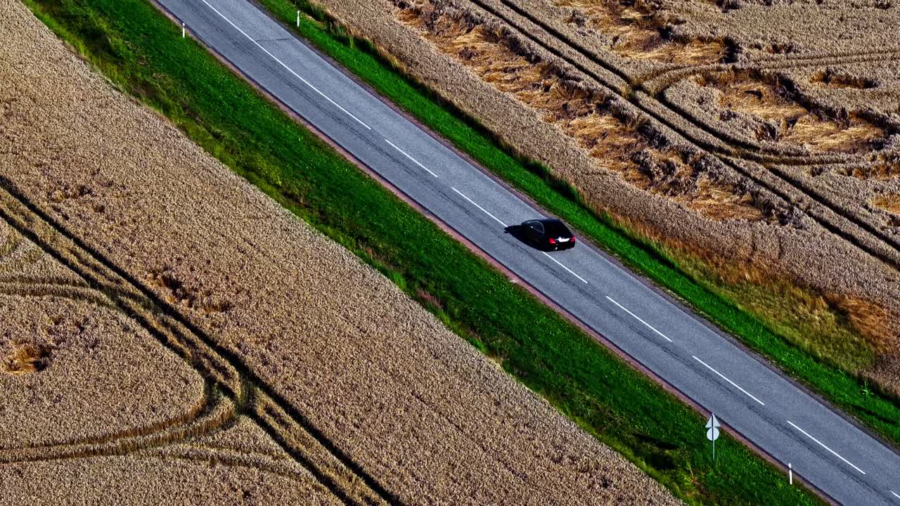 A high-angle aerial drone shot tracks a black car driving along a scenic country road that cuts through vast, golden wheat fields ready for harvest in the rural countryside