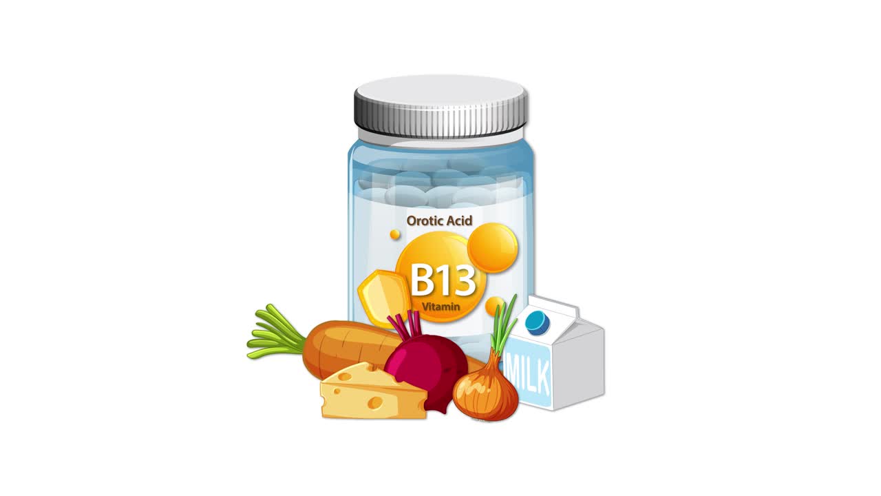 Vitamin B13 supplement bottle with vegetables, cheese, and milk appearing smoothly in a clean animation