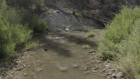 Aerial-drone-shot-of-a-fly-over-a-slow-moving-creek-straight-forward