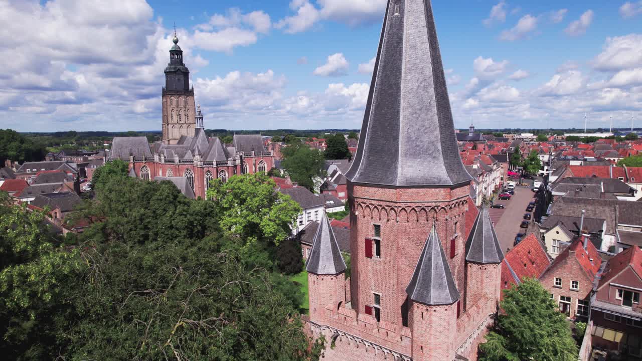 Aerial View of a Dutch City with Tower and Church