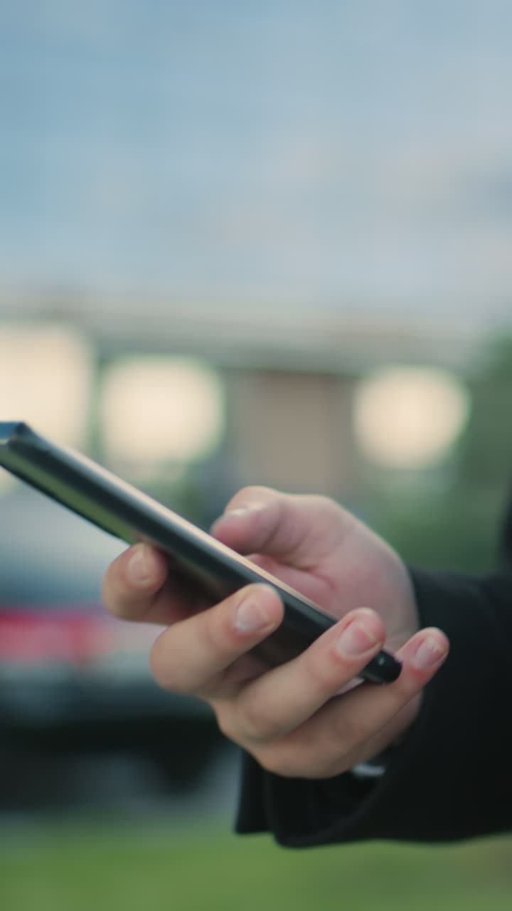 primer plano de un individuo con abrigo negro haciendo varias tareas mientras sostiene una taza de café y opera el teléfono al aire libre, mostrando el estilo de vida moderno y el enfoque en un entorno urbano con vegetación borrosa