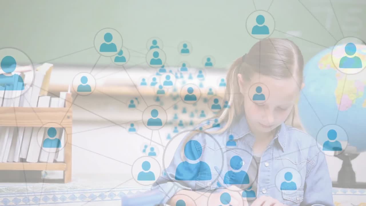 animación de una niña sentada junto a un escritorio sobre signos de redes sociales en el fondo