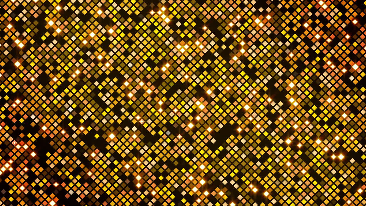 Golden abstract lights disco background. Shining square pixel mosaic. Loop animation.
